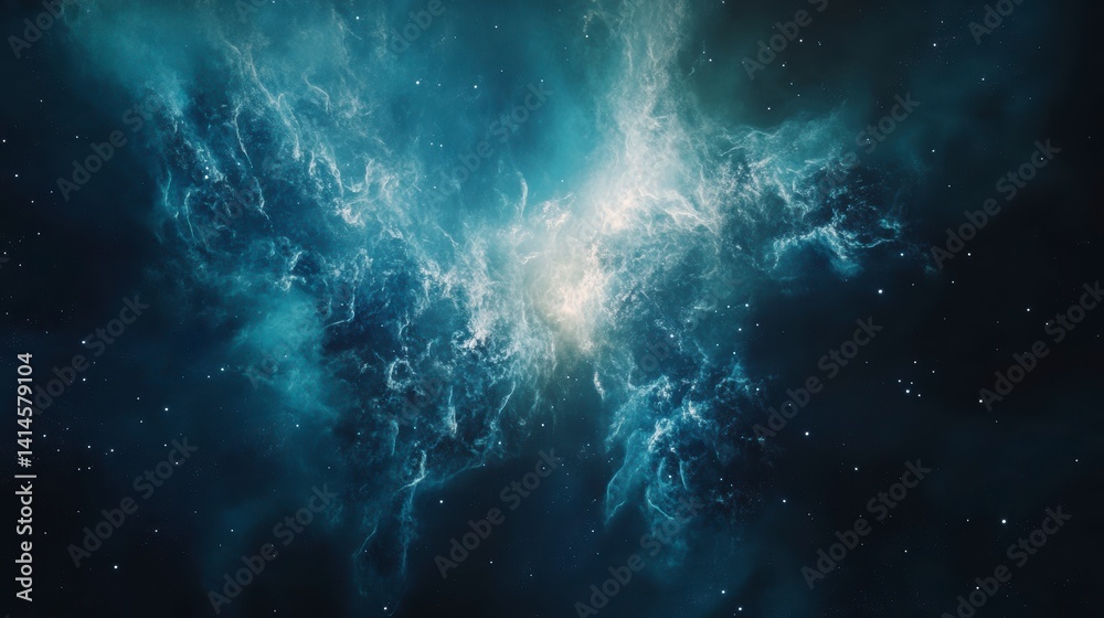 Poster vibrant teal nebula in deep space with bright core and scattered stars.