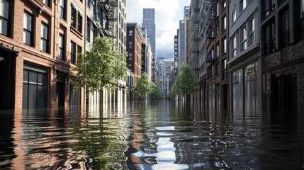 Fototapeta premium A flooded city street with a tree in the middle