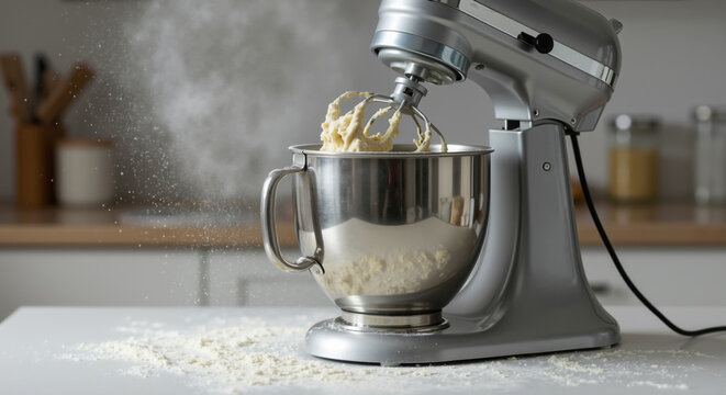Silver stand mixer mixing dough with white flour on kitchen counter. Professional baking equipment for homemade pastry preparation and artisanal bread making