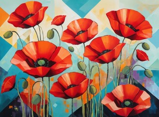Vibrant Abstract Painting of Red Poppies on Colorful Geometric Background