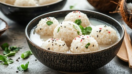 Traditional Asian Rice Dumplings with Fresh Herbs and Spices Served in a Black Bowl on a Rustic Table with Green Garnish and Liquor in the Background