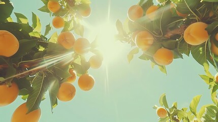 Sun-Kissed Apricots: A low-angle view of a tree loaded with ripe fruits