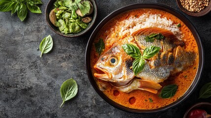 Delicious traditional fish curry dish served in a black bowl with fresh herbs and side ingredients on dark textured background perfect for culinary and food themes