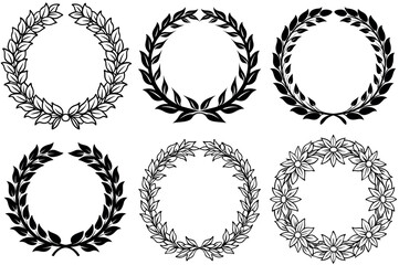 Collection of Six Black and White Laurel Wreaths and Floral Wreaths for Design Elements vector silhouette line arts