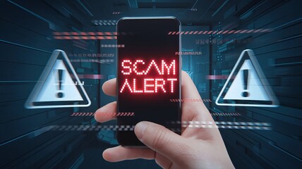 A hand holding a smartphone displaying a 'SCAM ALERT' message amid digital warning signs.