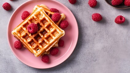 Golden Belgian Waffles with Fresh Raspberries on a Pink Plate &ndash; Minimalist Breakfast Delight