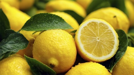 Bright yellow lemons, whole and halved, showcasing their glossy skins and acidic pulp - cut natural halved peel lemon