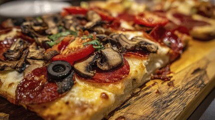 Close-up shot of a rustic, wood-fired pizza with pepperoni, mushrooms, and olives -  hot crust stone appetizing