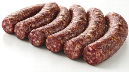 Fototapeta premium Fresh uncooked traditional sausages with natural spices and meat, arranged in a line on a white surface, ideal for cooking, grilling, or meal preparation