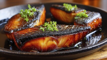Pan-fried freshwater fish steaks sizzling on a cast iron skillet, herbs scattered around - lunch protein recipe delicious
