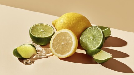 Sun-drenched lemons and limes arranged ae-3 - segments yellow still cut isolated