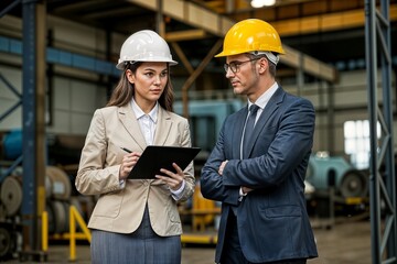 businessman and businesswoman in factory concept two professional people with helmets working in quality control in warehouse empresario y empresaria en concepto de fábrica personas