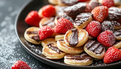 Mini Pancakes with Strawberries, and Chocolate.