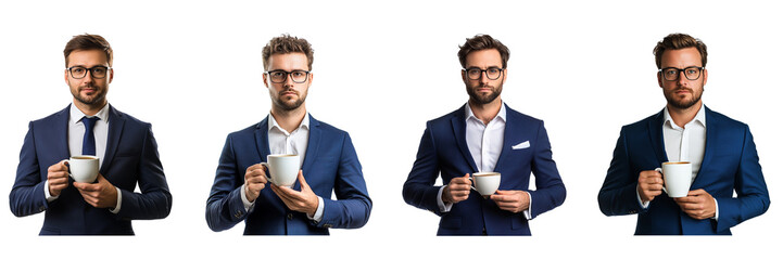 Set of corporate man in a blue suit and glasses holding coffee cup isolated on a transparent background