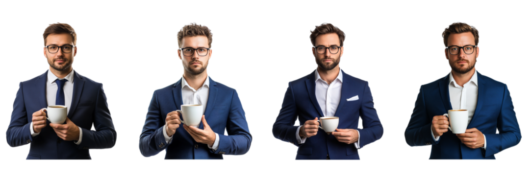Set of corporate man in a blue suit and glasses holding coffee cup isolated on a transparent background - Powered by Adobe