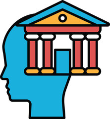 A blue head with a building on top of it