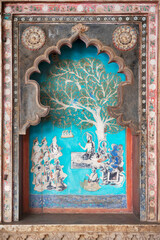Colourful painting on the inner wall of the Chattar Mahal, Garh Palace Complex, Bundi, Rajasthan © RealityImages