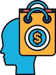 A person's head is shown with a shopping bag and a dollar sign