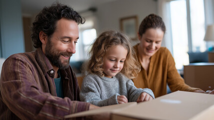Obraz premium Family unpacking boxes in a bright and joyful new home