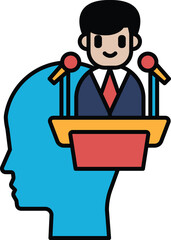 A cartoon of a man standing in front of a podium with a microphone