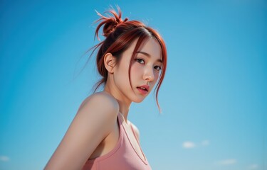 Naklejka premium Fashionable young woman red hair in messy bun striking flirty pose with a smile dressed in stylish tank top summer vibes