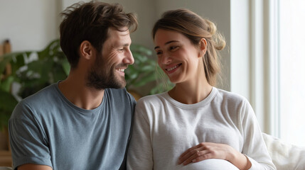 Excited couple in cozy room with pregnancy anticipation