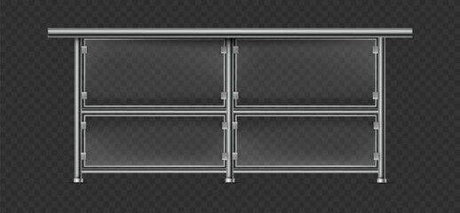 Realistic glass balcony railings with metal frames and pillars. Vector realistic mockup terrace fence design for construction projects