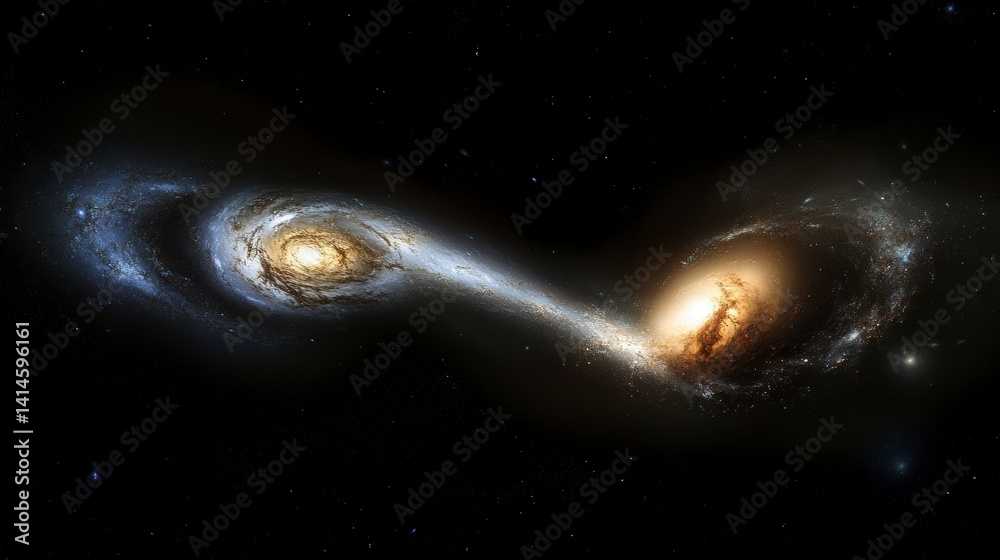 Aufkleber two spiral galaxies interacting, cosmic dust and gas swirling, forming a bridge between them in deep
