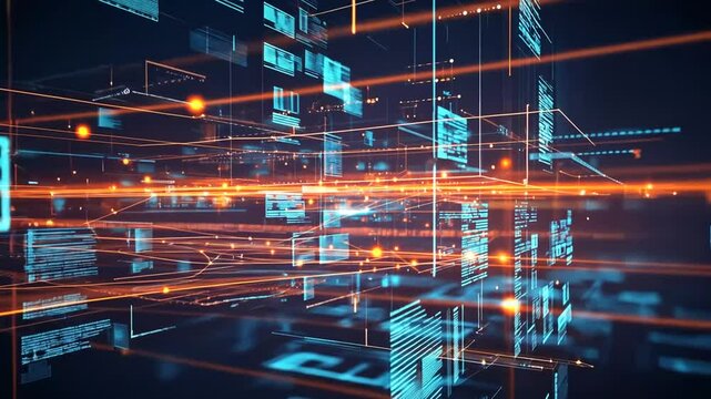 Abstract digital technology visualization with data stream and binary code pattern