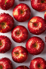 Vibrant red apples covered in water droplets, captured in a detailed top-down view. The apples are arranged, highlighting their fresh and natural appearance.