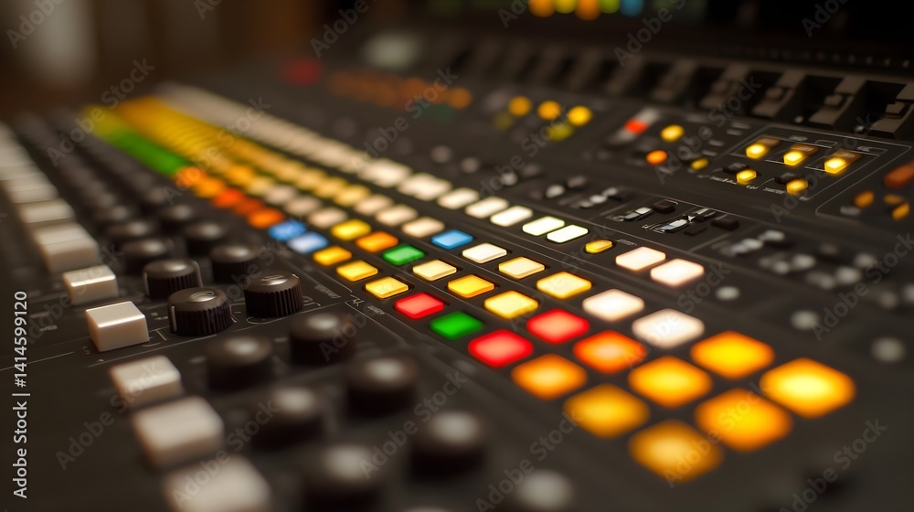 Poster digital interface control panel with glowing buttons in a studio environment