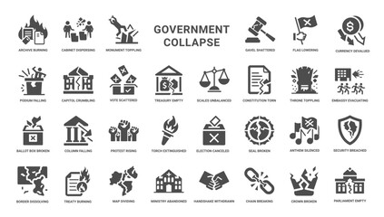 Fototapeta premium collection icons collapse government institutions societal order, falling podium crumbling capitol