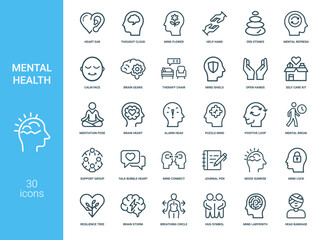 mental health line icon set, calm assistance meditation relaxation