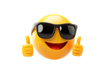 Smiling yellow emoji wearing black sunglasses giving a thumbs up isolated on transparent background