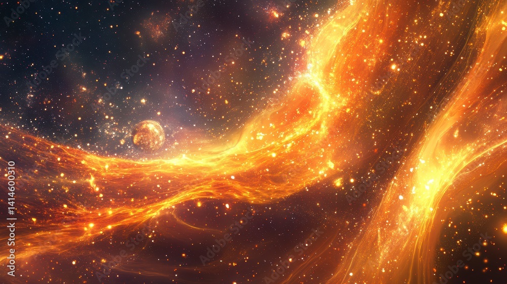Poster fiery nebula swirls in space, cosmic dust and a distant planet.