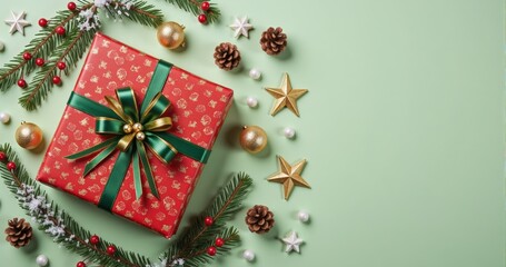 Top view Christmas concept with big gift box green red baubles gold star ornament pine cone mistletoe berries snow fir branches on green background space for text