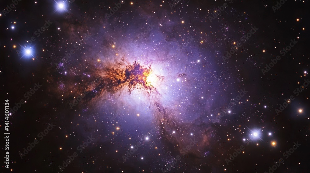 Poster vibrant nebula with bright stars and cosmic dust clouds in deep space.
