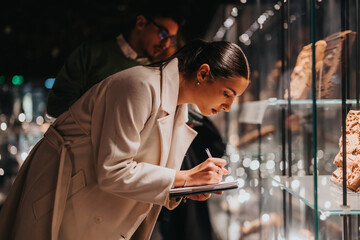 A woman observes and takes notes at a museum exhibit, showcasing artifacts in illuminated display...