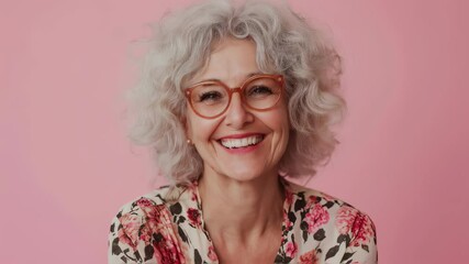Portrait of a cheerful mature lady with gray curly hair and eyeglasses, radiating positivity and confidence against a vibrant pink backdrop - Powered by Adobe