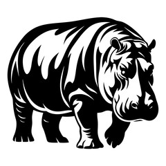 Monochrome Vector Illustration of a Striking Hippopotamus on White Background