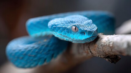 Blue Viper Snake Resting on Branch Closeup Portrait Wildlife Photography