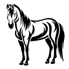 Monochrome depiction of a stylized, majestic horse in a standing pose