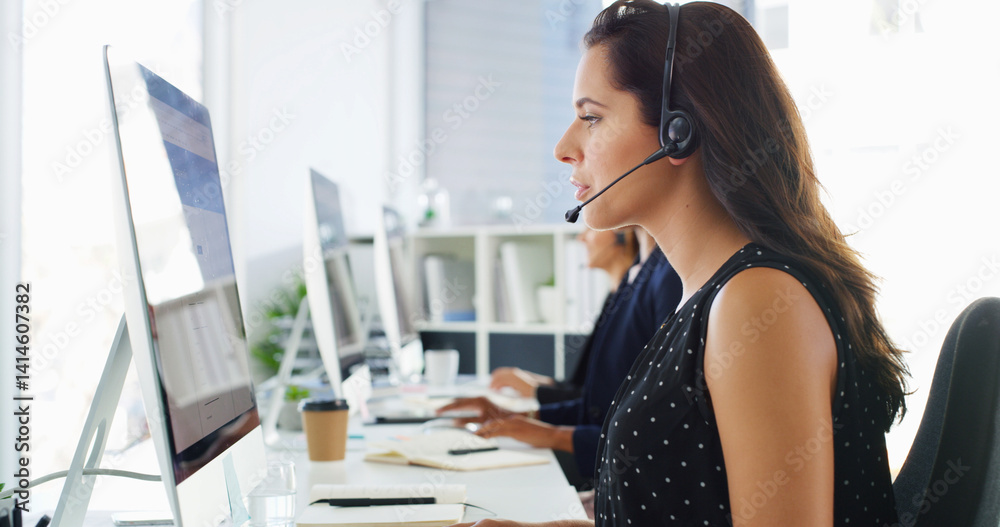 Aufkleber Call center, computer screen and woman consulting with headset for inbound query, technical support and advice. Contact us, consultant and reading FAQ for help desk assistance and troubleshooting