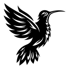 Elegant black and white hummingbird illustration with intricately designed wings and feathers