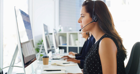 Call center, computer screen and woman consulting with headset for inbound query, technical support and advice. Contact us, consultant and reading FAQ for help desk assistance and troubleshooting