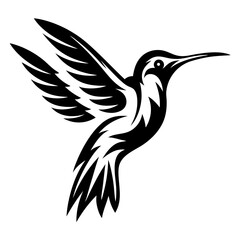 A striking black and white hummingbird graphic illustration with dynamic wing design