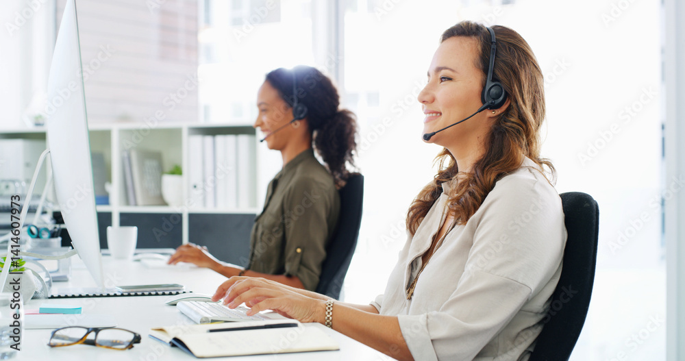 Aufkleber Headset, woman and typing with computer in call center for virtual assistance, online advice and technical support. Contact us, friendly agent and help with inbound query and network issue resolution