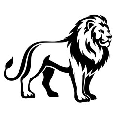 Black and white illustration of a majestic lion standing proudly upright