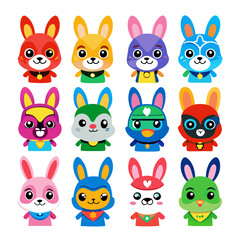 Colorful Superhero Rabbit Cartoon Characters on a White Background