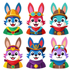 Cute Cartoon Bunny Aviators and Hats Illustration Set